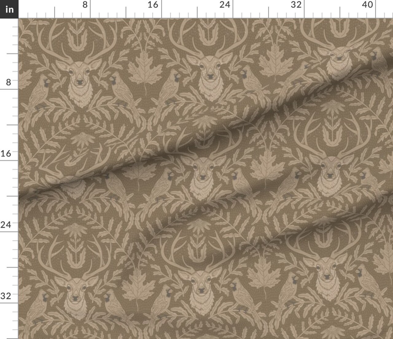 Cabincore Deer Cardinals Birds Trees Forest Woodland Maple Nature Cottagecore Rustic Lodge Antlers Maple Leaf Cabin Brown Fall Autumn Hunting Custom Printed Fabric by Spoonflower Various Fabrics by the Yard or Fat Quarter